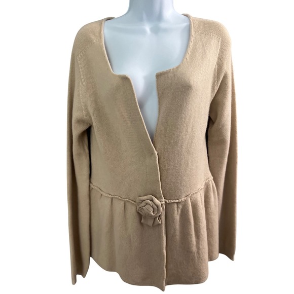 Twin-Set Simona Barbieri Cashmere Sweater Cardigan L Beige Knit Peplum Hem Italy - Picture 1 of 13